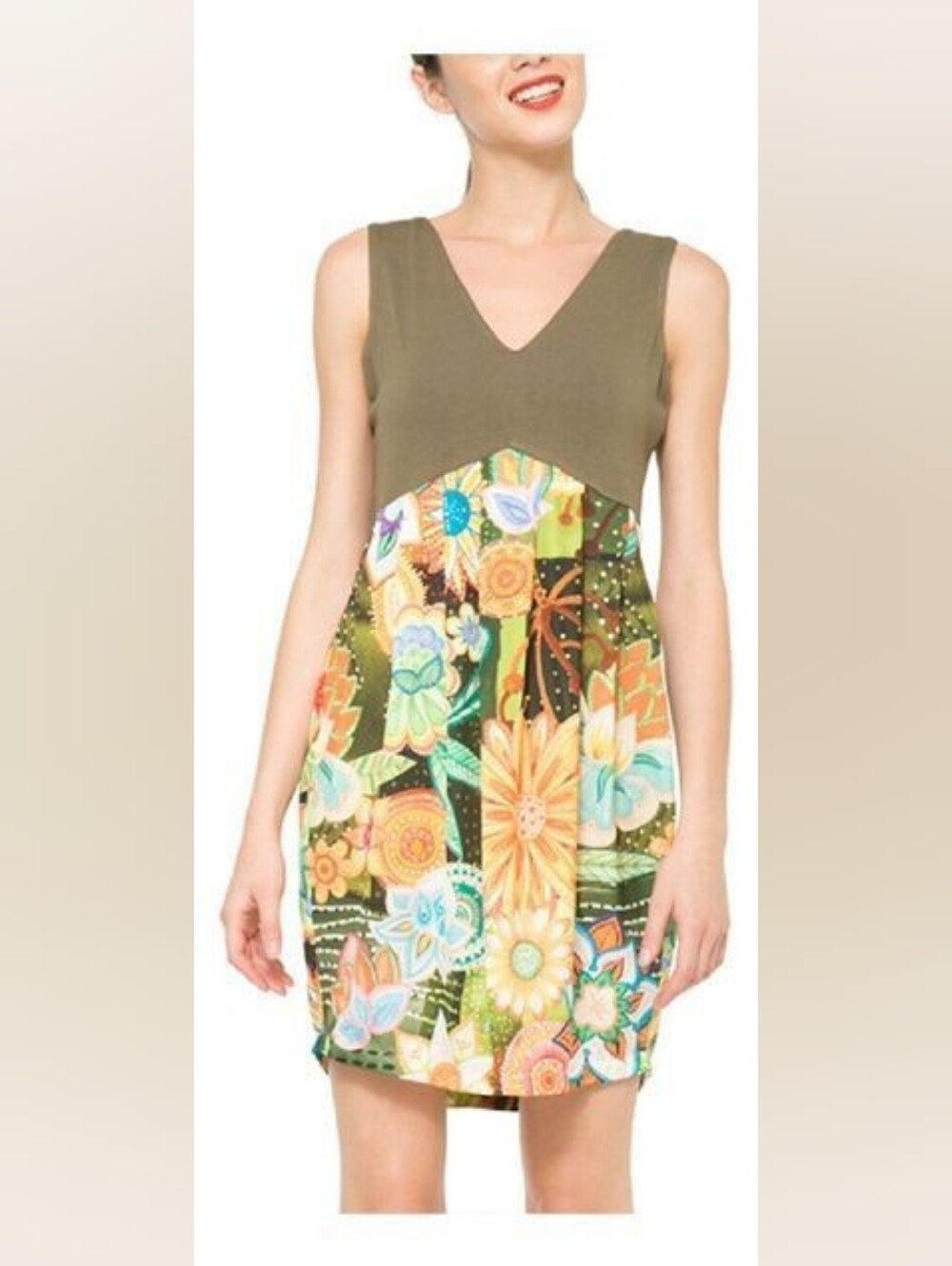 Desigual Small (38) Cayetano Boho Floral Empire Waist Tank Dress Olive Green